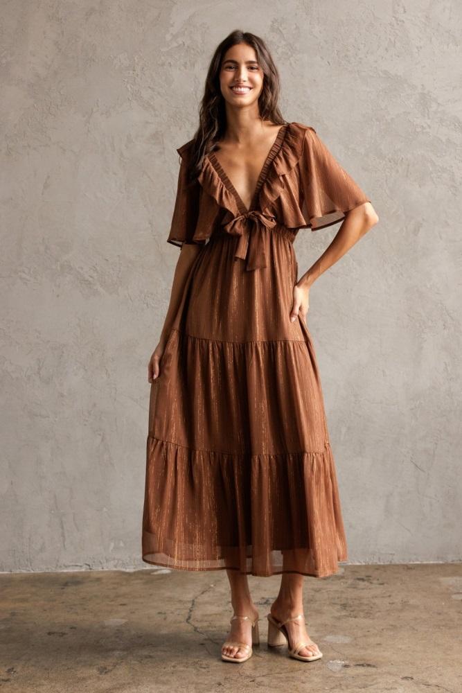 brown metallic chiffon ruffle v-neck midi dress