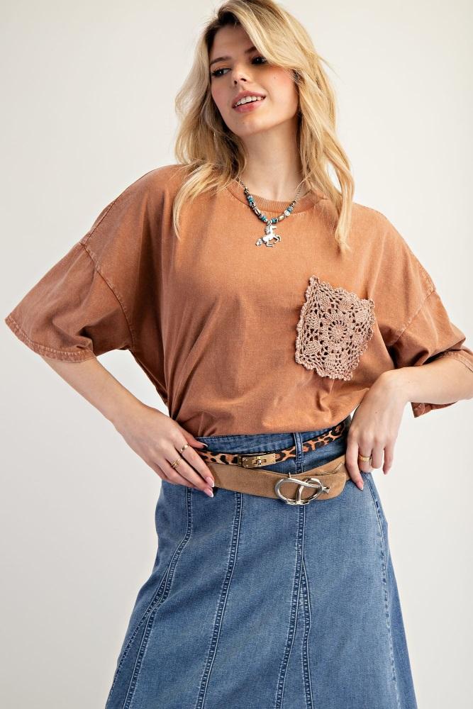 brown mineral wash crochet pocket top