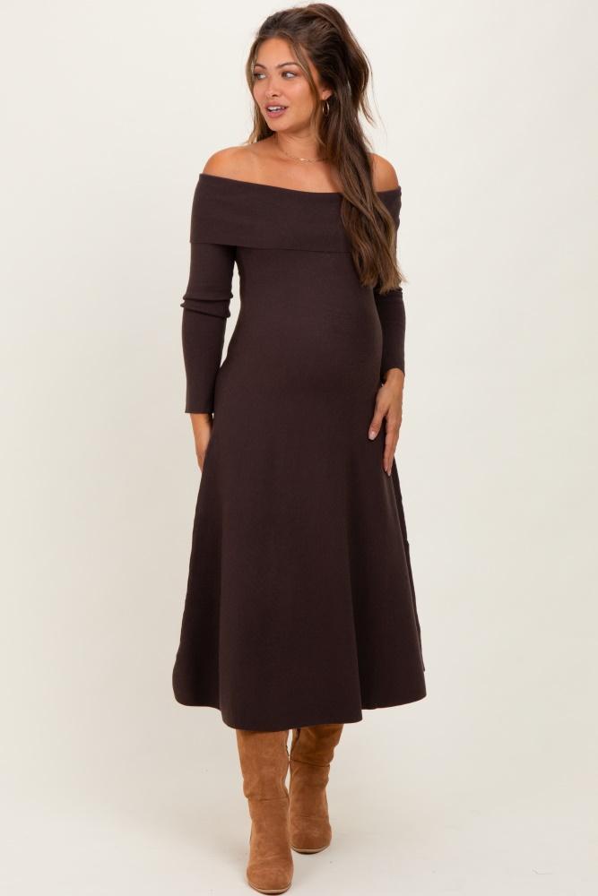 brown off shoulder maternity sweater midi dress