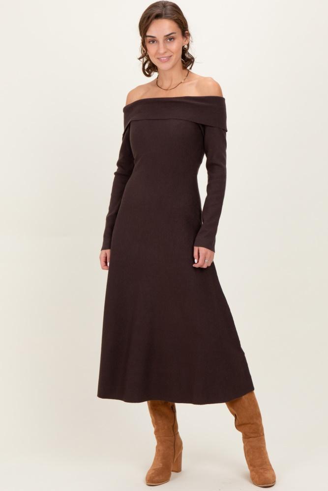 brown off shoulder sweater midi dress