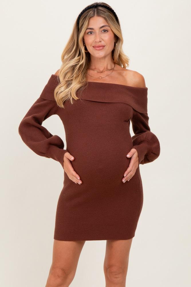 brown off the shoulder maternity sweater dress