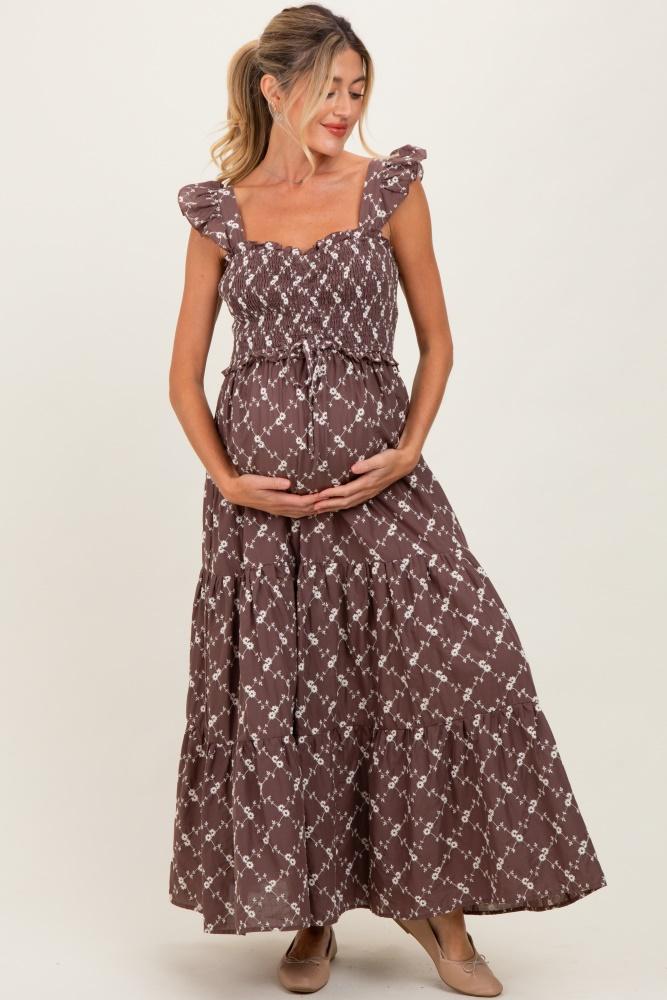 brown off white floral embroidered tiered maternity maxi dress