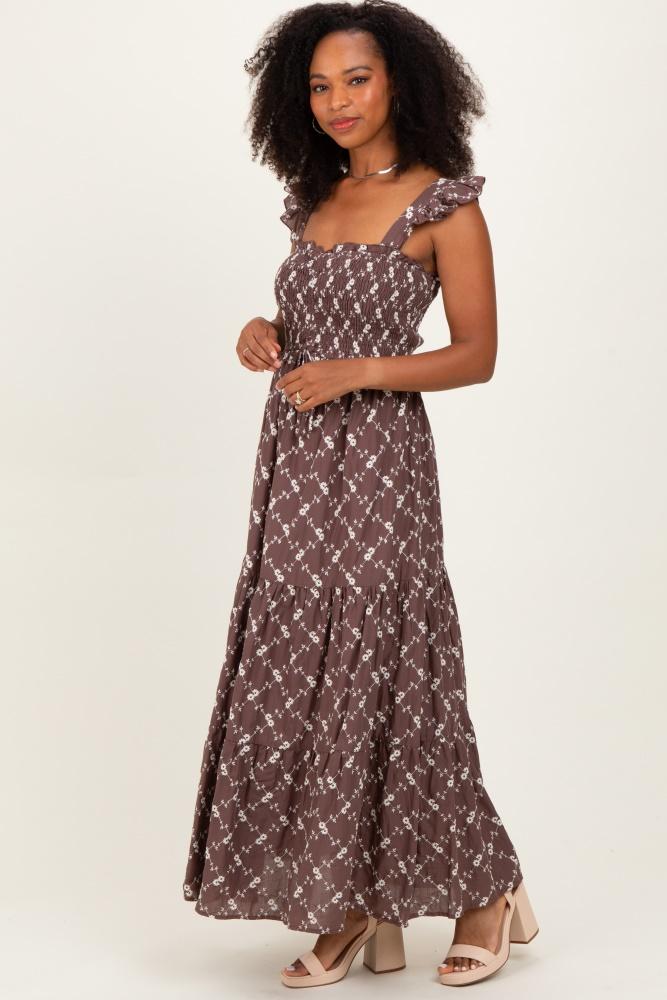 brown off white floral embroidered tiered maxi dress