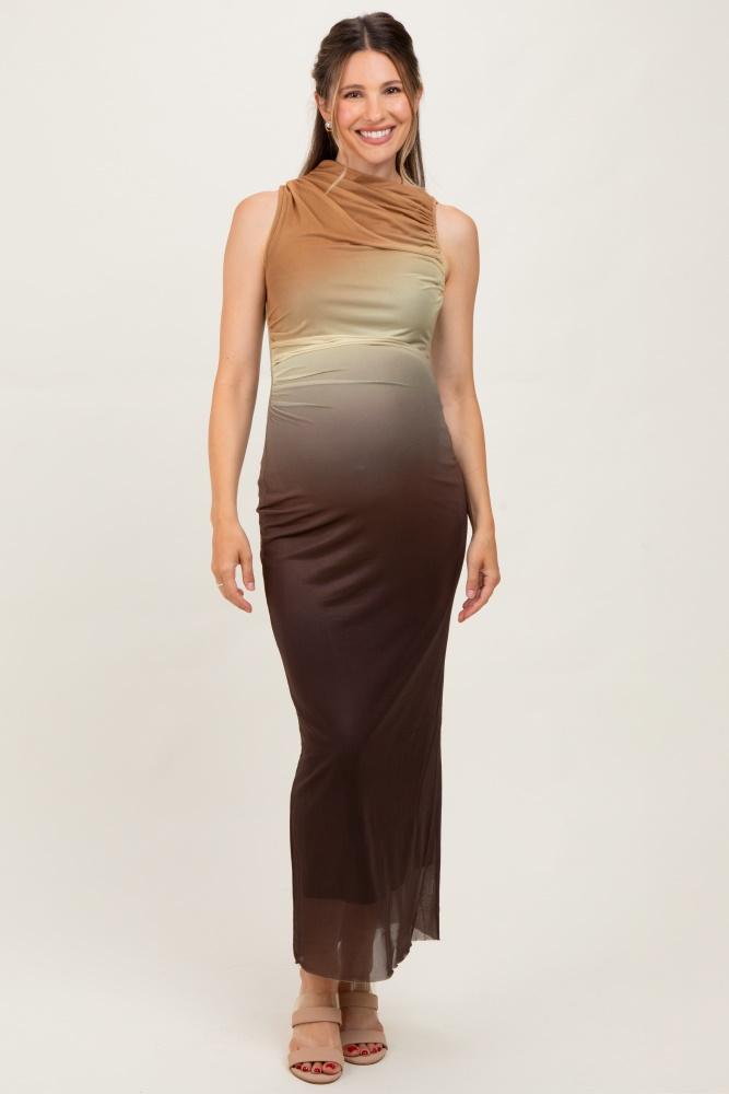brown ombre mesh ruched sleeveless maternity midi dress