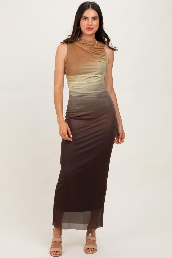 brown ombre mesh ruched sleeveless midi dress