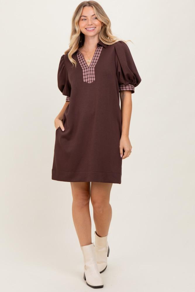 brown plaid accent puff sleeve mini dress