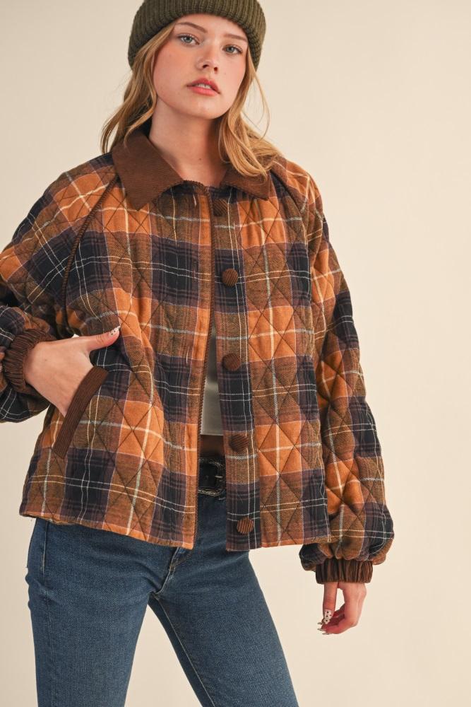 brown plaid quilted corduroy contrast jacket