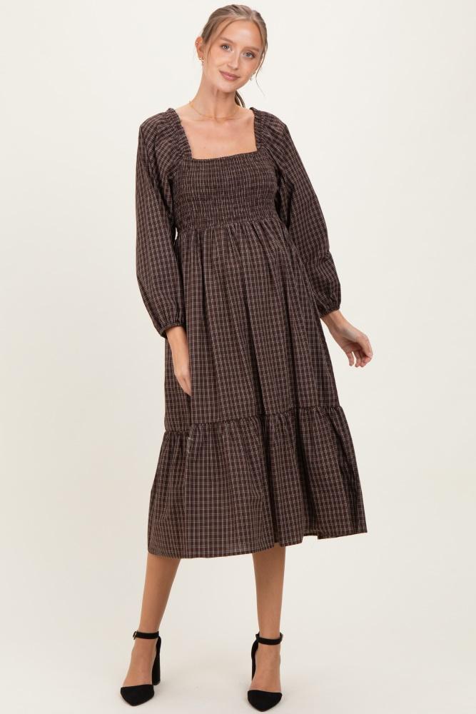 brown plaid smocked puff sleeve maternity midi dress