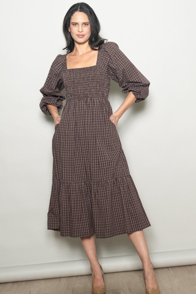 brown plaid smocked puff sleeve midi dress