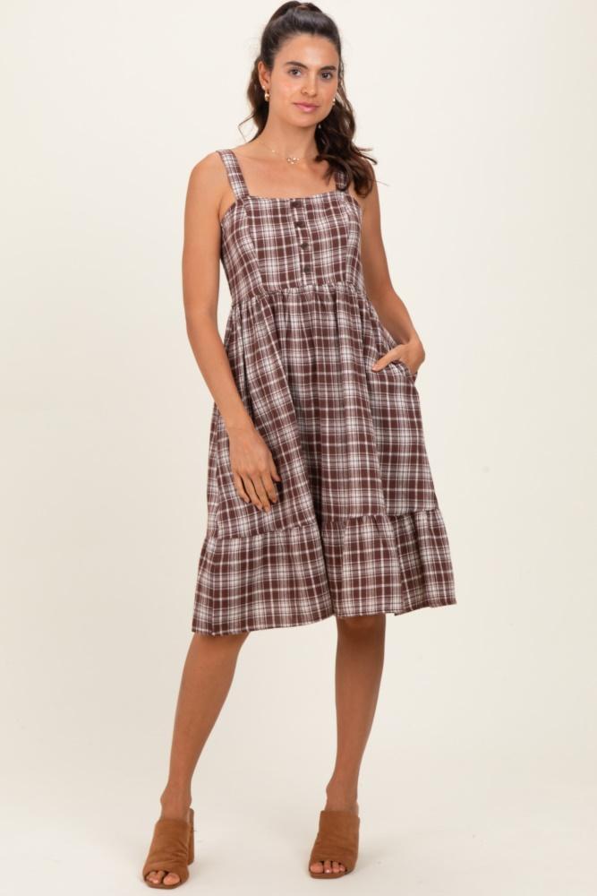 brown plaid square neck dress