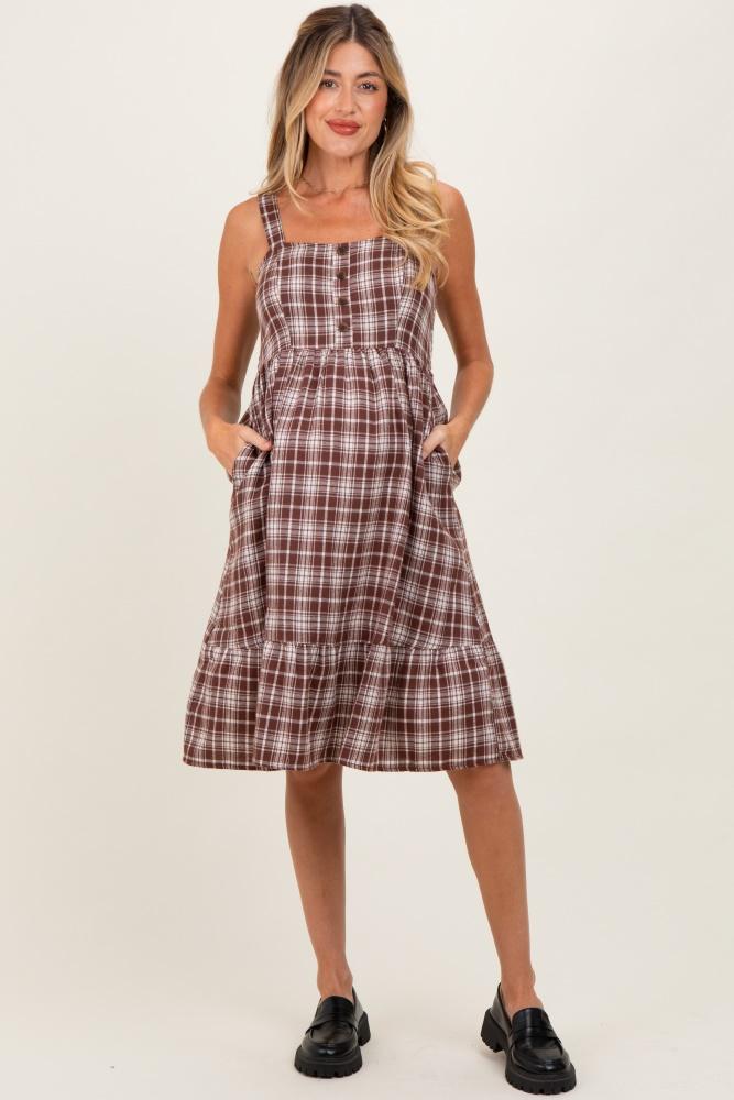 brown plaid square neck maternity dress