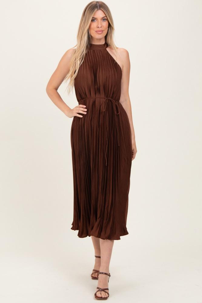 brown pleated halter dress
