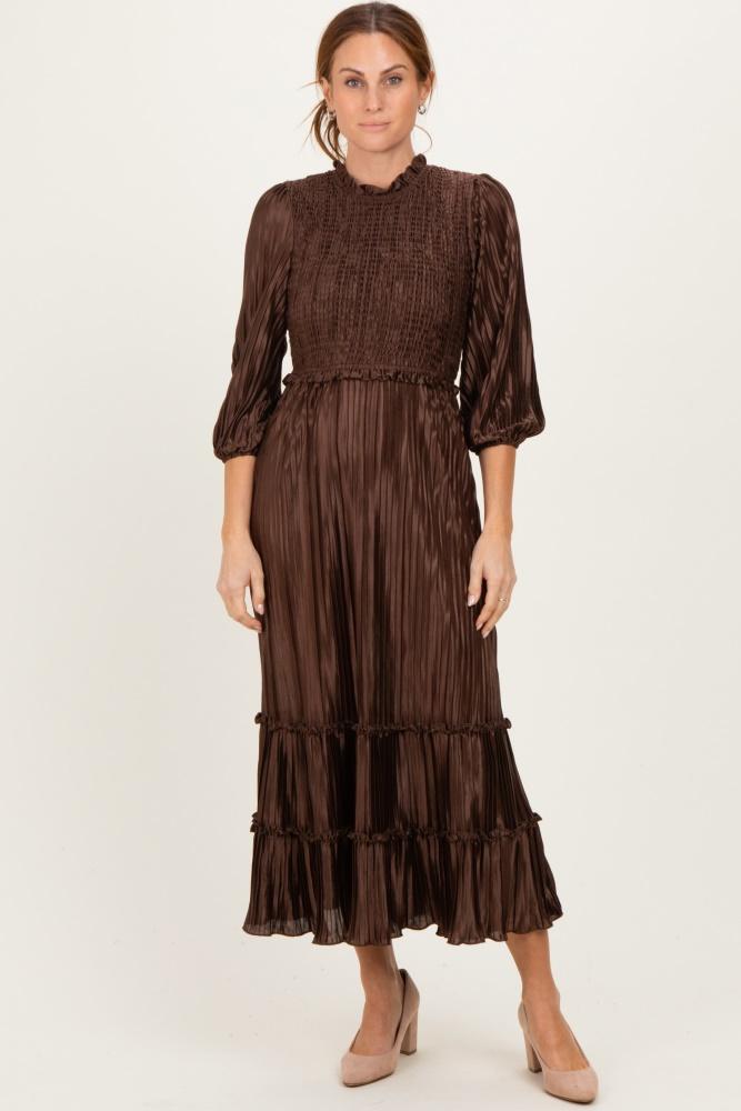 brown pleated satin smocked bodice midi dress