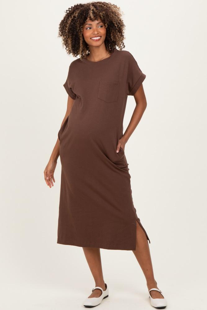 brown pocket front maternity midi t-shirt dress