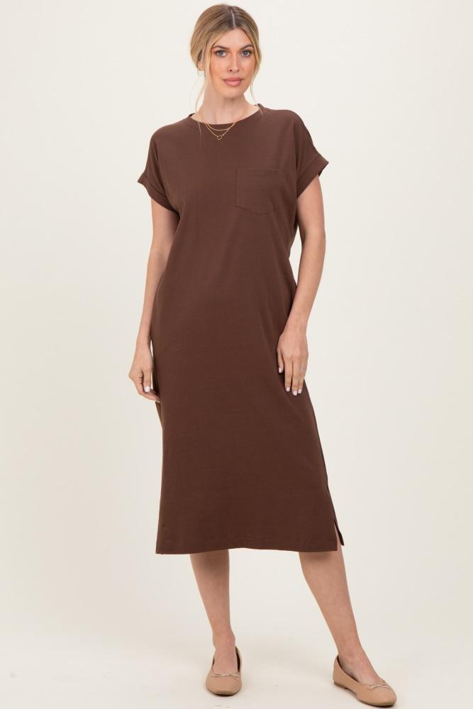 brown pocket front midi t-shirt dress