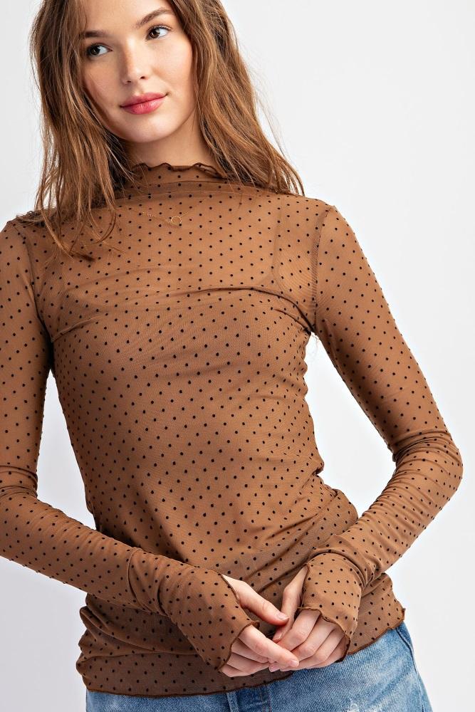 brown polka dot mesh long sleeve top