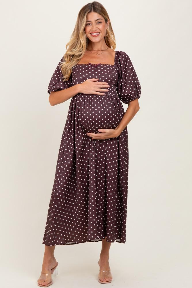 brown polka dot square neck maternity midi dress