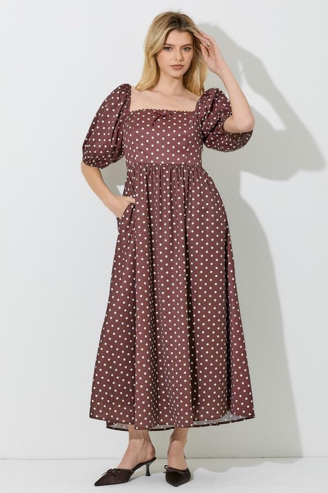 brown polka dot square neck midi dress