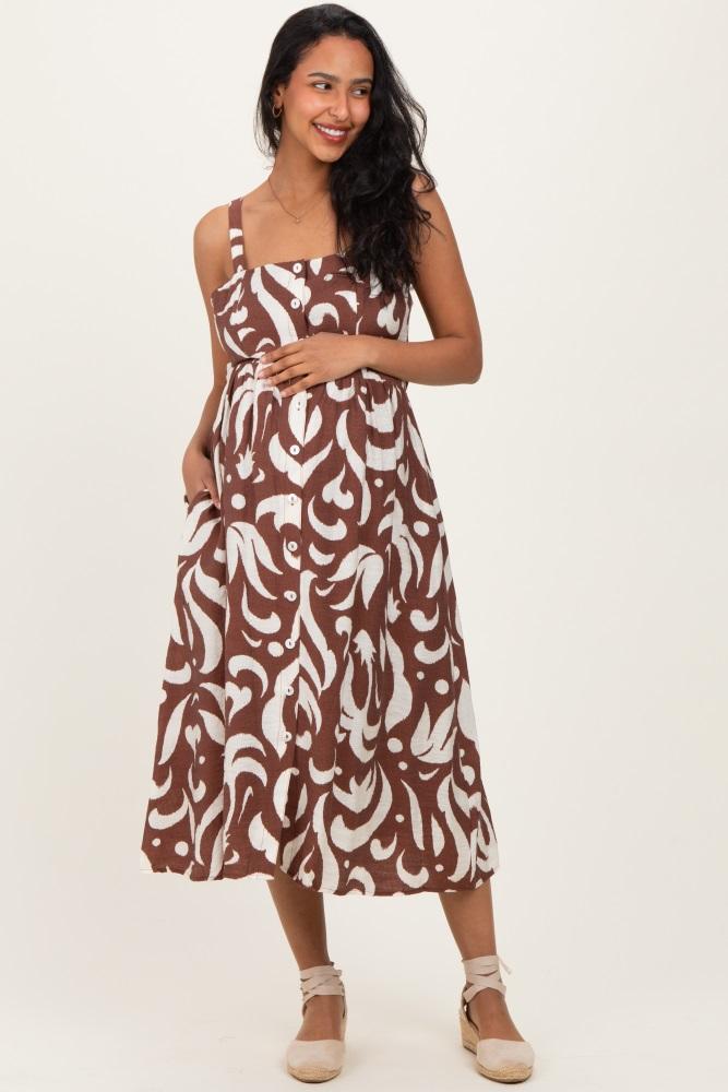 brown printed button down sleeveless maternity midi dress