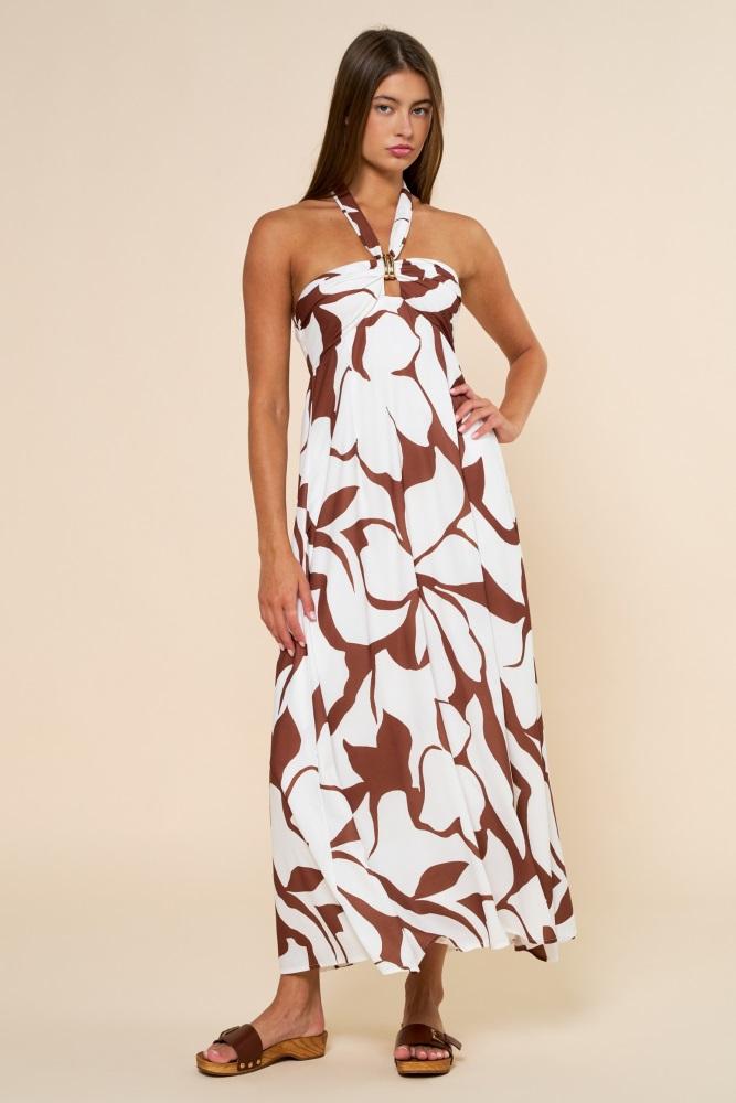 brown printed halter maxi dress
