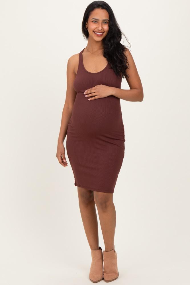 brown rib knit sleeveless maternity dress