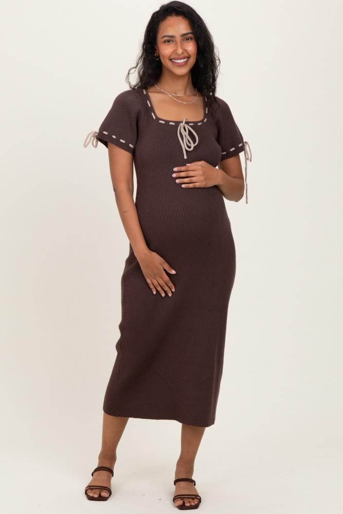 brown ribbed knit stitch detail maternity midi dress