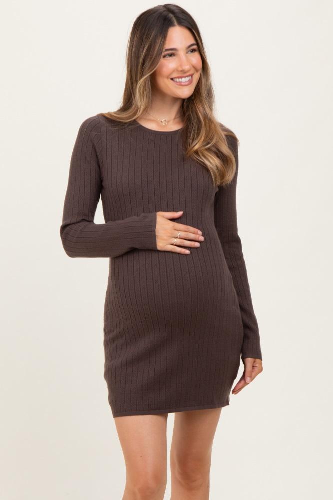 brown ribbed long sleeve maternity short dress