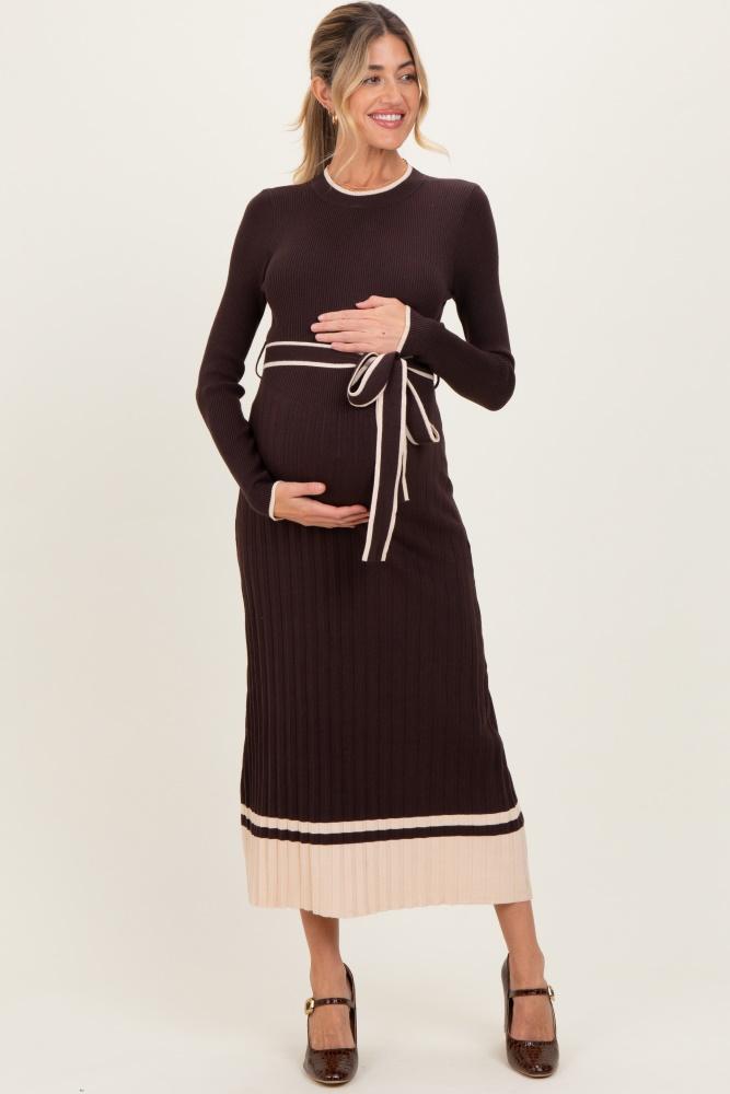 brown ribbed midi sweater dress with belt