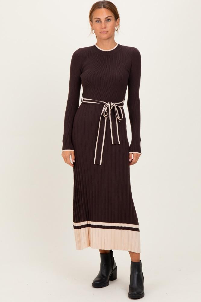 brown ribbed midi sweater dress with belt