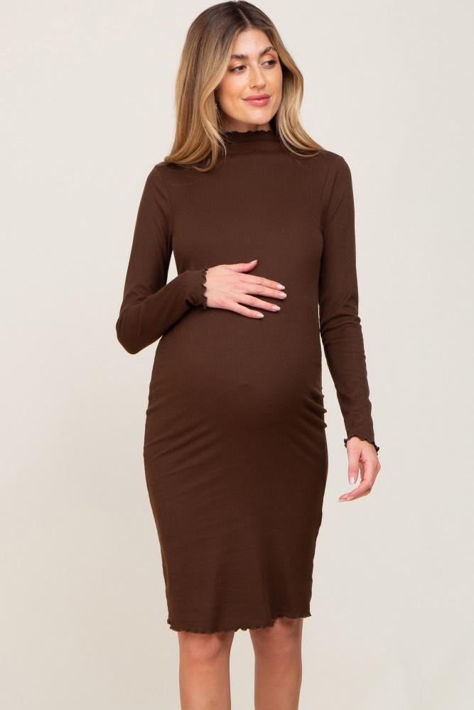 brown ribbed mock neck lettuce trim maternity midi dress