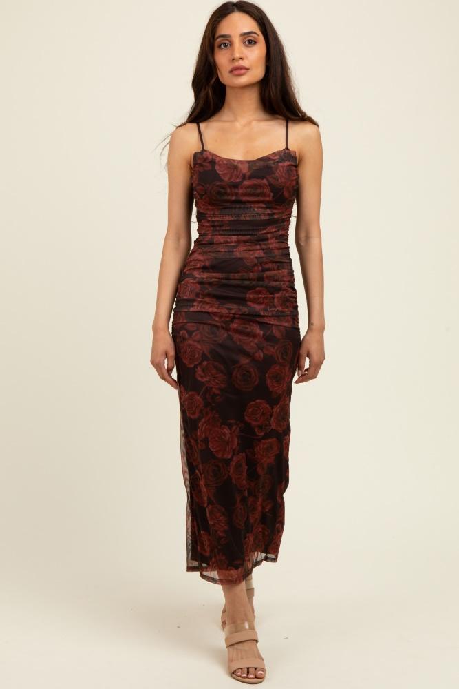 brown rose print mesh overlay ruched midi dress