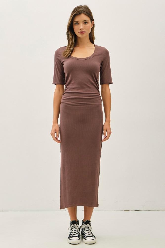 brown ruched short sleeve side slit midi dress