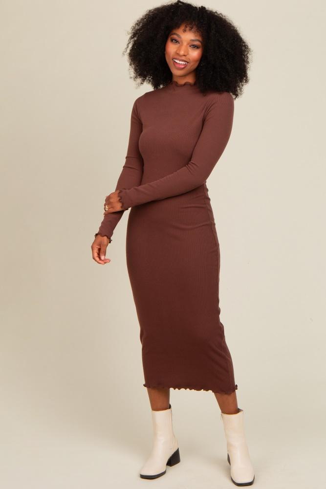 brown ruffle mock neck long sleeve midi dress