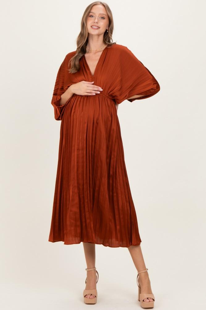 brown satin pleated v-neck maternity maxi dress