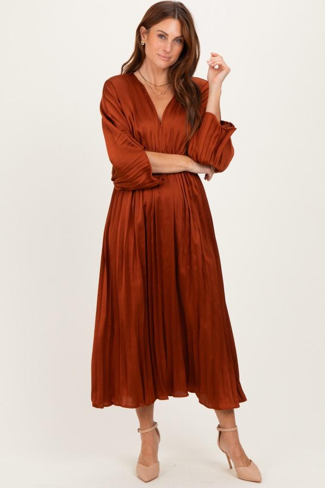 brown satin pleated v-neck maxi dress