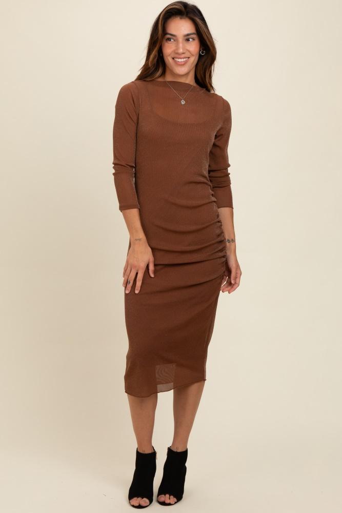 brown shimmer mesh long sleeve ruched midi dress