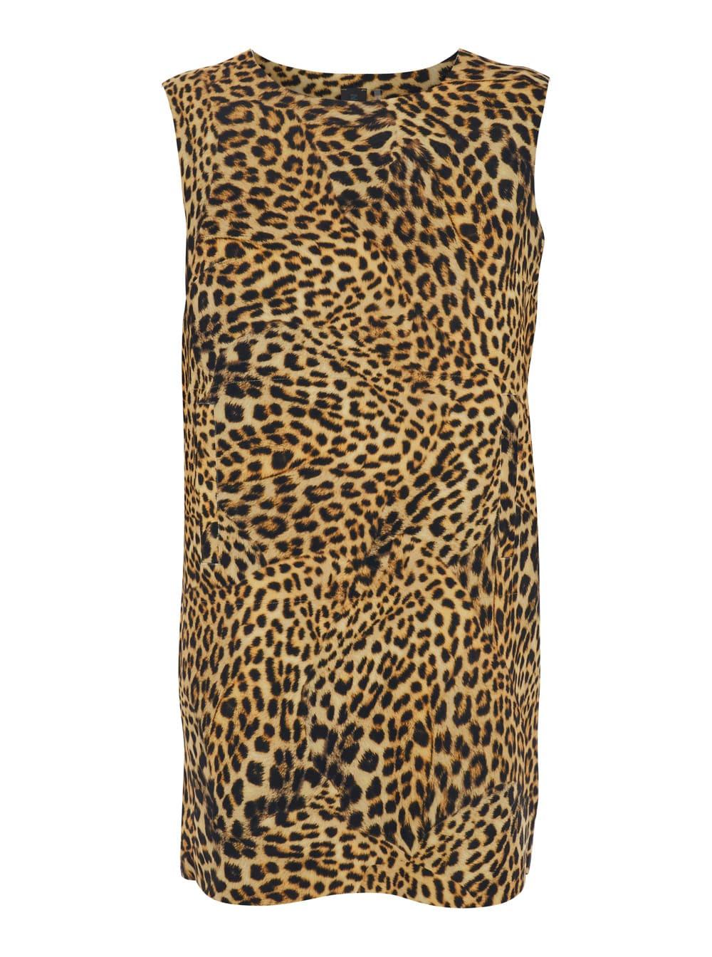 brown short dress with all-over printed leopard motif in tech fabric woman