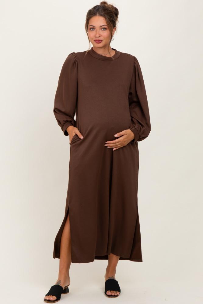 brown side slit detail solid maternity midi dress