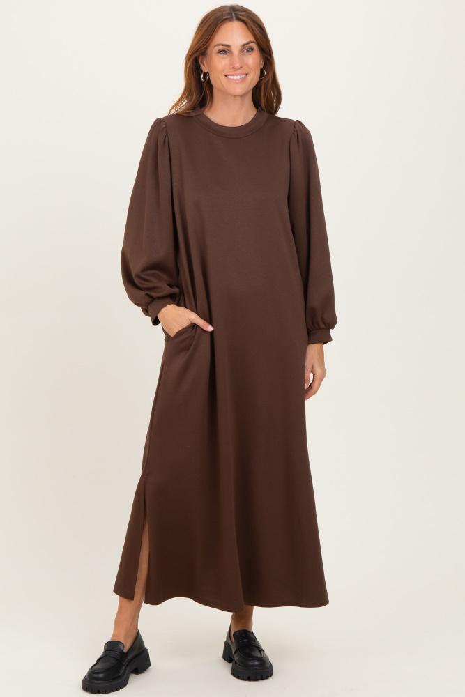 brown side slit detail solid midi dress