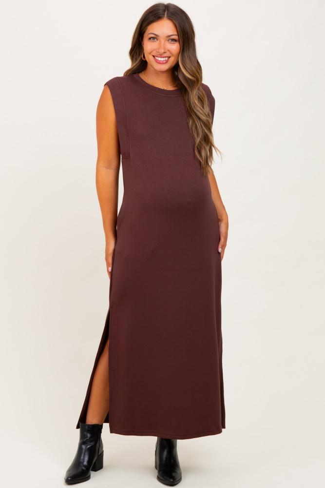 brown sleeveless side slit maternity midi dress