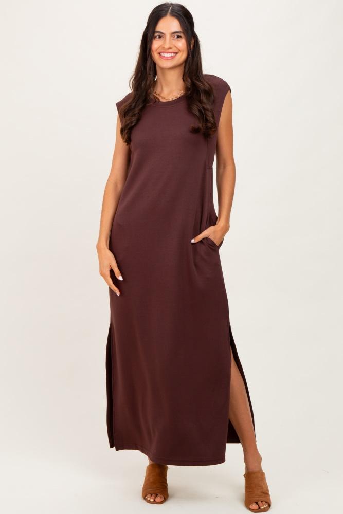 brown sleeveless side slit midi dress