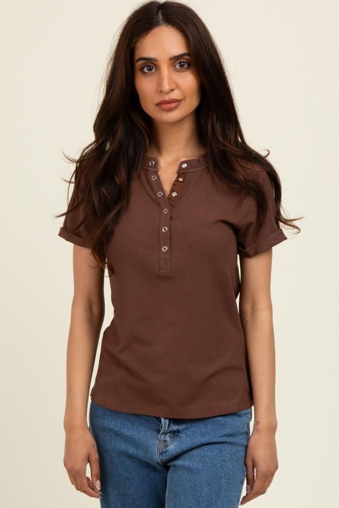 brown snap button short sleeve top
