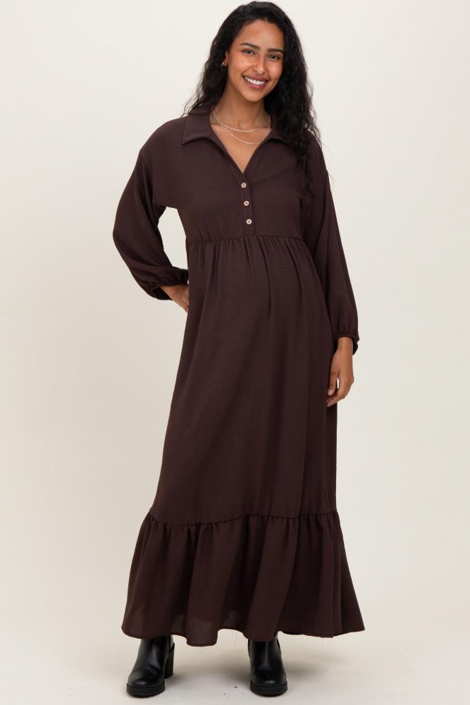 brown solid long sleeve button down tiered collared maternity dress