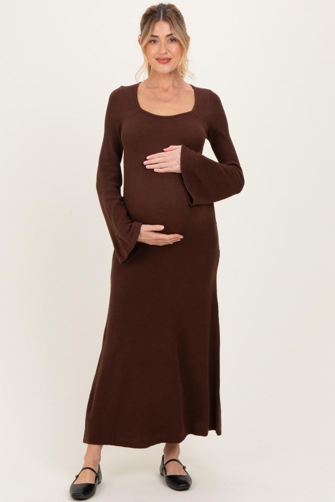 brown solid ribbed long sleeve square neck maternity maxi dress