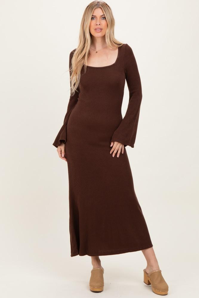 brown solid ribbed long sleeve square neck maxi dress