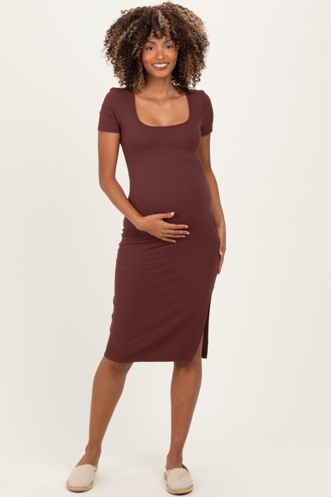brown square neck side slit maternity midi dress