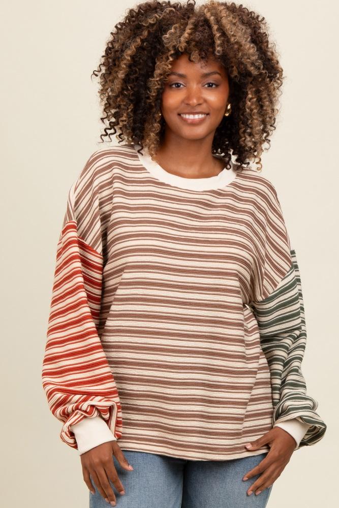 brown striped colorblock bubble sleeve top