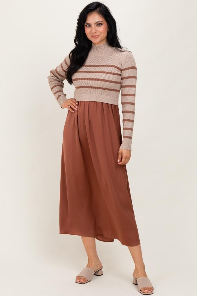 brown striped contrast sweater top maxi dress