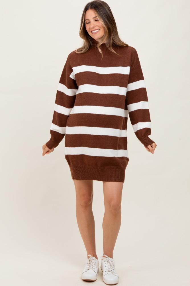 brown striped knit turtleneck maternity sweater dress