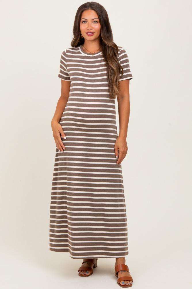brown striped short sleeve maternity midi dress